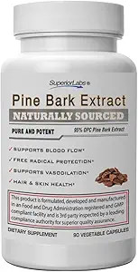 Laboratorios Superiores Pine Bark Extract 200 mg – 95% OPC Barco Marítimo Francés, Fórmula Pura de Circulación Saludable " Flujo de sangre, Corazón, Skin " Hair Support, Free-Radical Defense, 90 Veg Caps