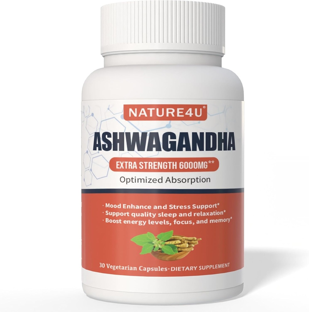 Ashwagandha 6000mg Fuerza máxima, Absorción optimizada con punta de pimienta negra y jengibre, soporte natural de mood ' Stress, soporte energético del sueño, 30 cápsulas vegetarianas 1 mes