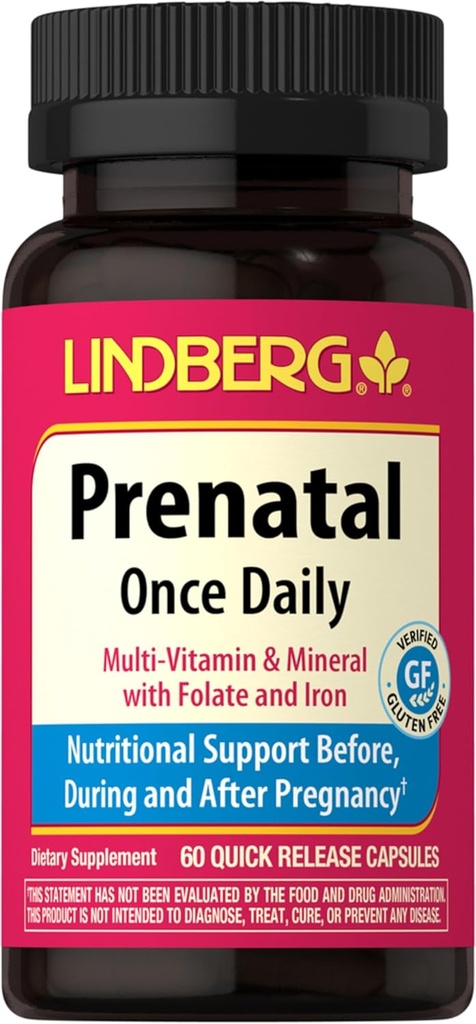 Lindberg Prenatal Vitamins for Women | 60 Capsules | Multivitamins and Minerals with Iron and Folic Acid | Daily Supplement | Non-GMO, Gluten Free
