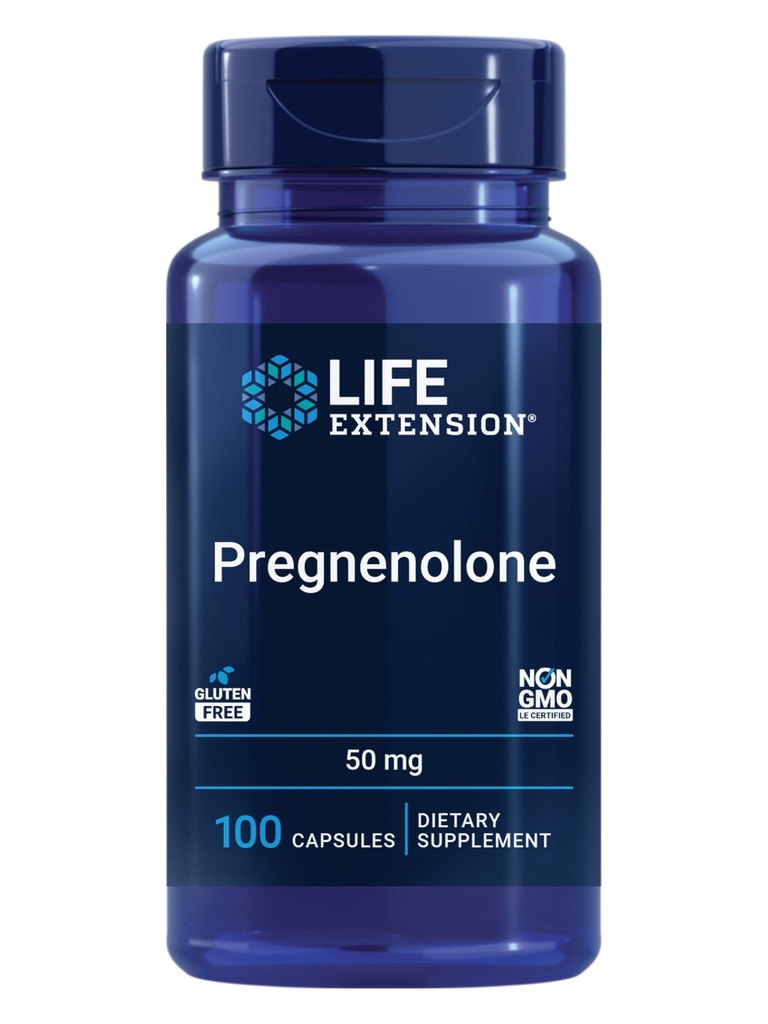 Extensión de vida Pregnenolona, neurohormona, promueve la salud de memoria y la plasticidad cerebral, libre de gluten, no transgénico, 100 cápsulas