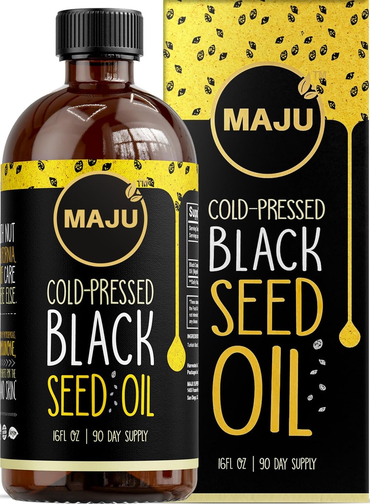 Aceite de semilla negra de MAJU 16oz: 3X Timoquinone, Cold Presionado, 100% Turco Negro Cumina Nigella Sativa aceite de semilla (mejor que orgánico), No GMO, 100% líquido Aceite de color negro, botella de vidrio