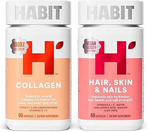 Habit Inner Beauty Bundle - Collagen (60 Capsules) + Peluquería Skin & Nails (60 Capsules), soporta la hidratación de la piel " Integridad, Pelo " Nail Strength, Non GMO