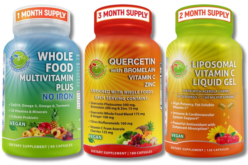 Immune System Support Bundle – Quercetina con Bromelaina + Liposomal Vitamina C 1100mg Liquid Gel + Whole Food Multivitamin Sin Hierro – Daily Antioxidant, Respiratory &amp; Immune Support