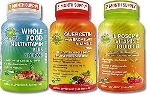 Immune System Support Bundle – Quercetina con Bromelaina + Liposomal Vitamina C 1100mg Liquid Gel + Whole Food Multivitamin Sin Hierro – Daily Antioxidant, Respiratory &amp; Immune Support