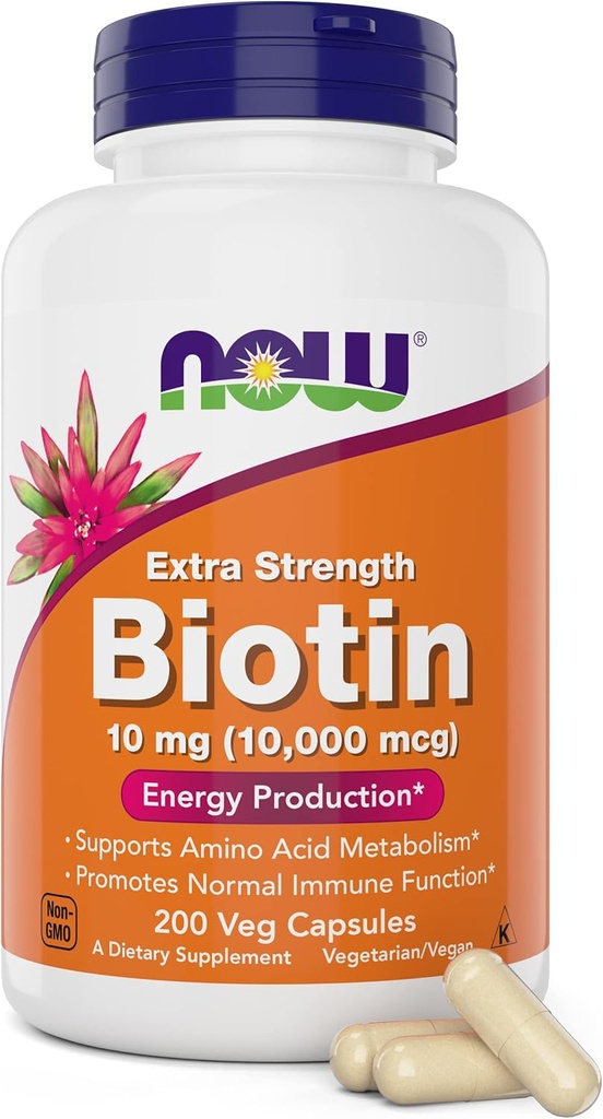 NOW Foods Extra Strength Biotin 10,000mcg / 10 mg - 200 Count - Hair, Skin, Nail - Supplement for Men and Women - B7 Vitamin - Vegetarian, Vegan, Non-GMO
