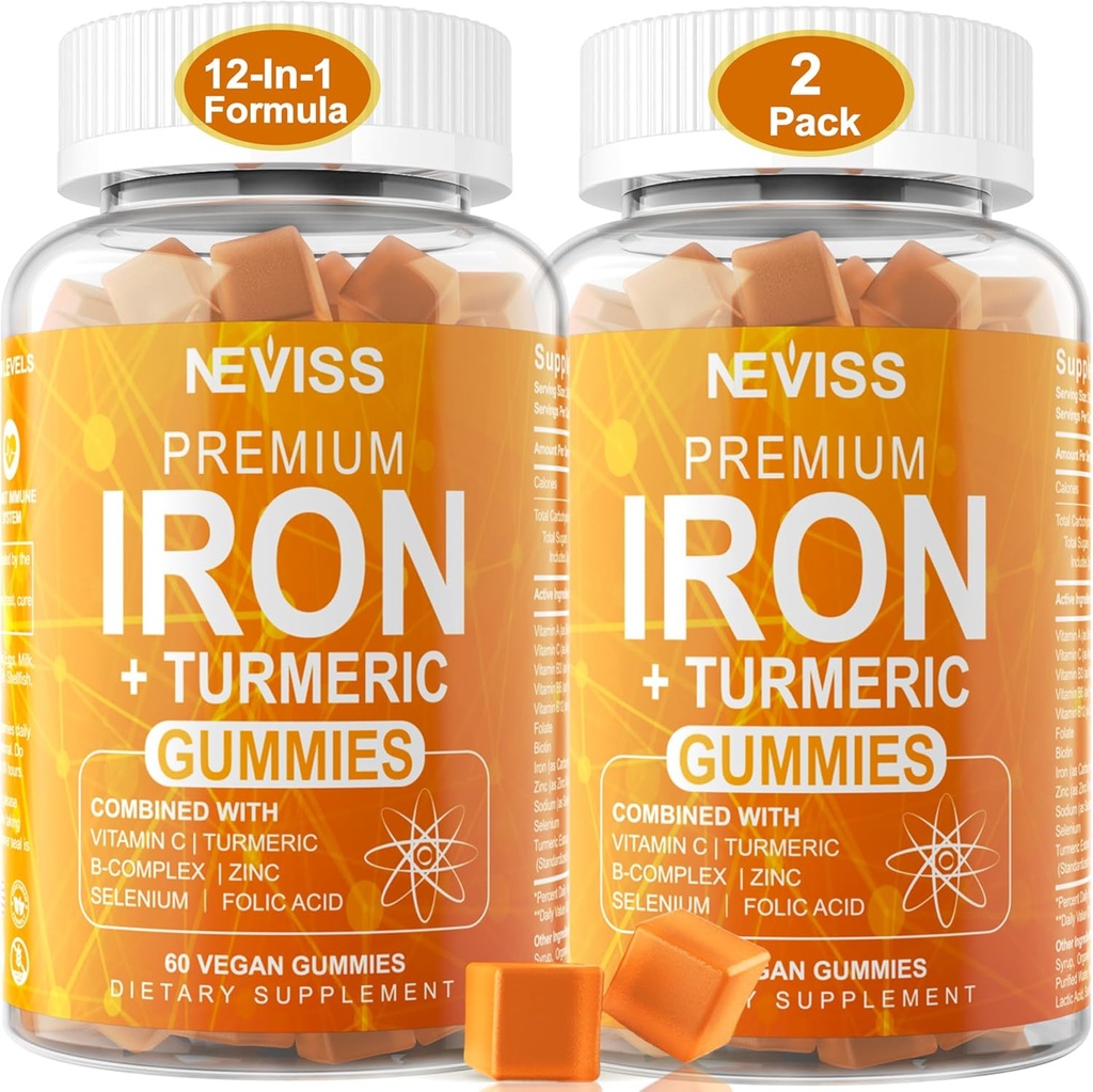 Gummies de hierro + Turmeric 600mg para Mujeres Hombres, Suplemento de hierro con Multivitaminas C, A, B-Complex, Folate, Zinc para Deficiencia de Hierro, Anemia y Energía, Gentle, No Constipating, Chewable, Vegan, 2 Pack