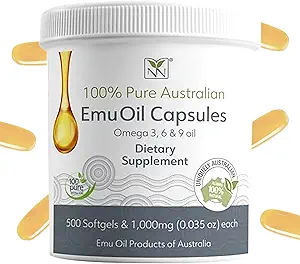 Cápsulas de aceite de emu - Corazón, Pelo, Metabolismo &amp; Soporte Conjunto - Aceite de Emu de Grado Farmacéutico con CLA, Omegas 3, 6 &amp; 9 con vitamina K2, A &amp; E por Y-Not Natural - 1000mg, 500 cápsulas