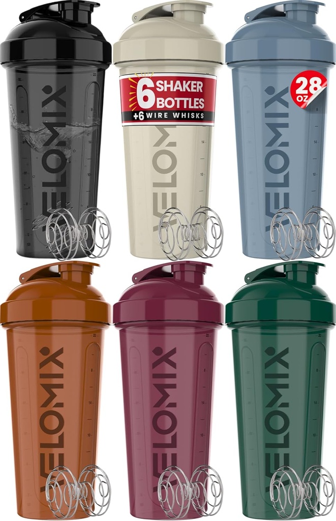 VELOMIX -6 PACK- 28 oz Protein Shaker Bottle for Protein Mixes - 6x Wire Whisk ← Leak Proof Shaker Cups for Protein Shakes ← Protein Shaker Bottle Pack ← Protein Shake Cup (Earth Tones Collection)