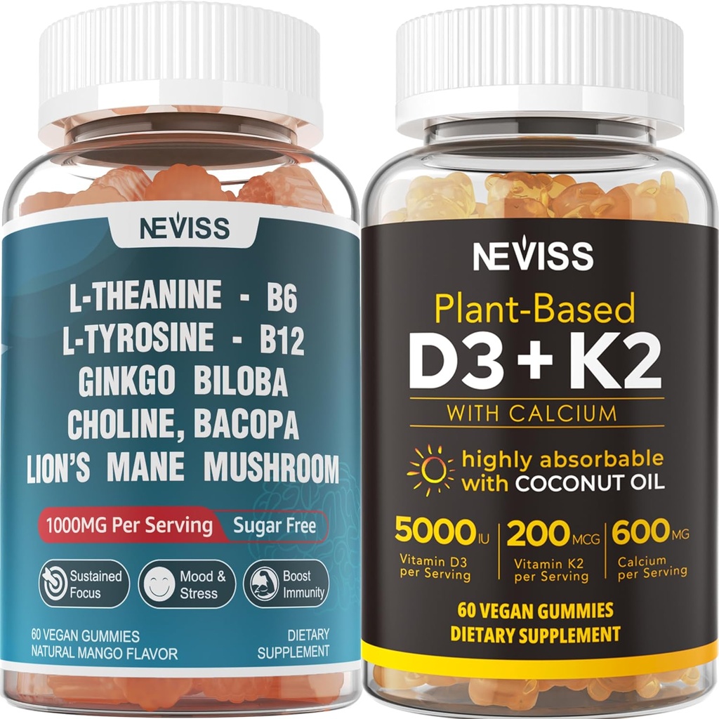 NEVISS Azúcar libre L-Tyrosine L-Theanine Gummies 120 Condes + Azúcar libre D3 5000IU K2 Gummies 120 Condes