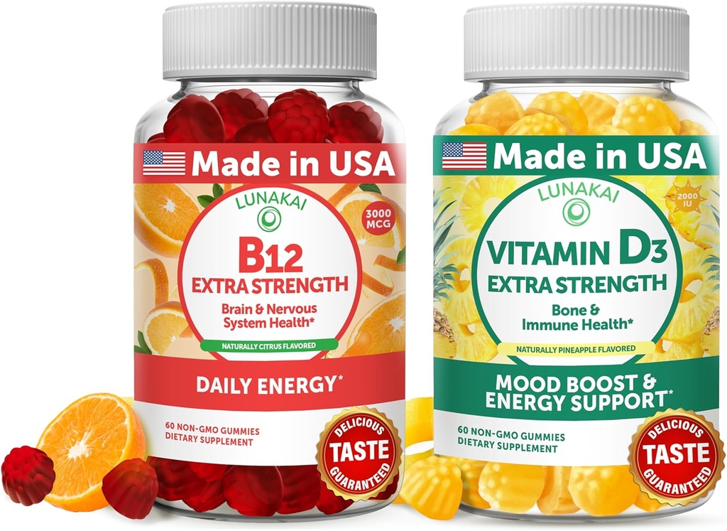Lunakai Vitamina B12 y Vitamina D3 Gummies Bundle - 3000 mcg B12 y 25 mcg 1000 UI VIT D3 - Gluten Free, No Corn Syrup, Orgánica, No GMO, Gelatina Basada en Planta Gratis