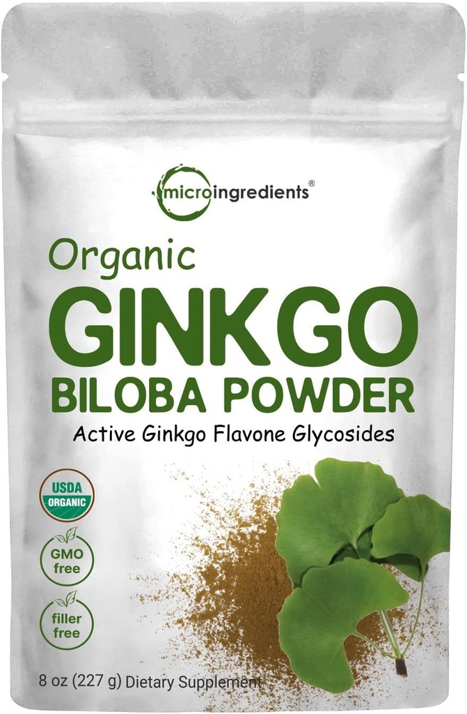Micro Ingredientes Ginkgo biológico bruto Biloba Powder, 8 onzas (18 meses de suministro), Filler Free, apoya la función cerebral y la alerta mental, sin transgénicos y amigo vegano