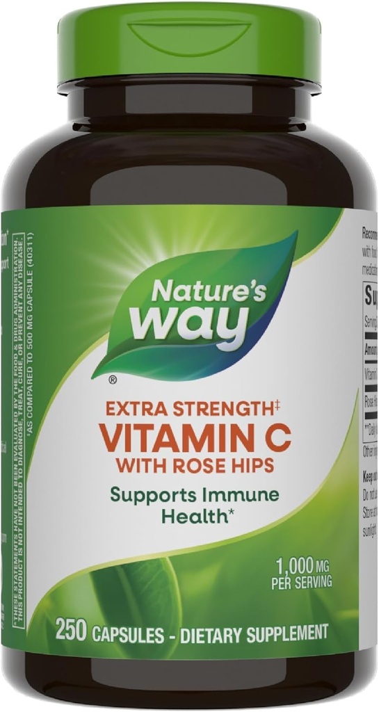 Manera de la naturaleza Extra Strength(1) Vitamina C con Rosa HIPS, apoya la salud inmune*, producción de colágeno*, vitamina C de alta potencia, 250 cápsulas (paquete mayo Vary)