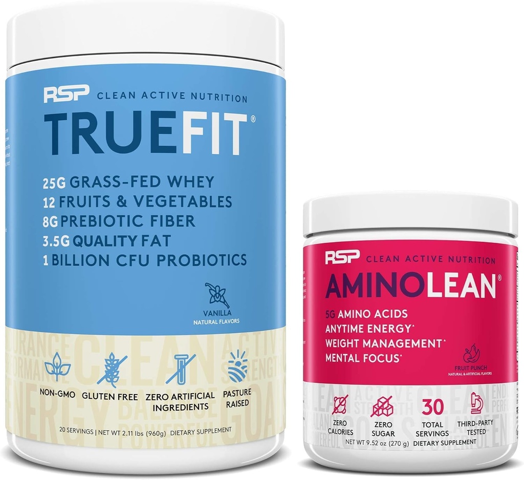 RSP NUTRITION AminoLean Pre Workout Energy (Fruit Punch 30 Servings) with TrueFit Protein Powder (Vanilla 2 LB)
