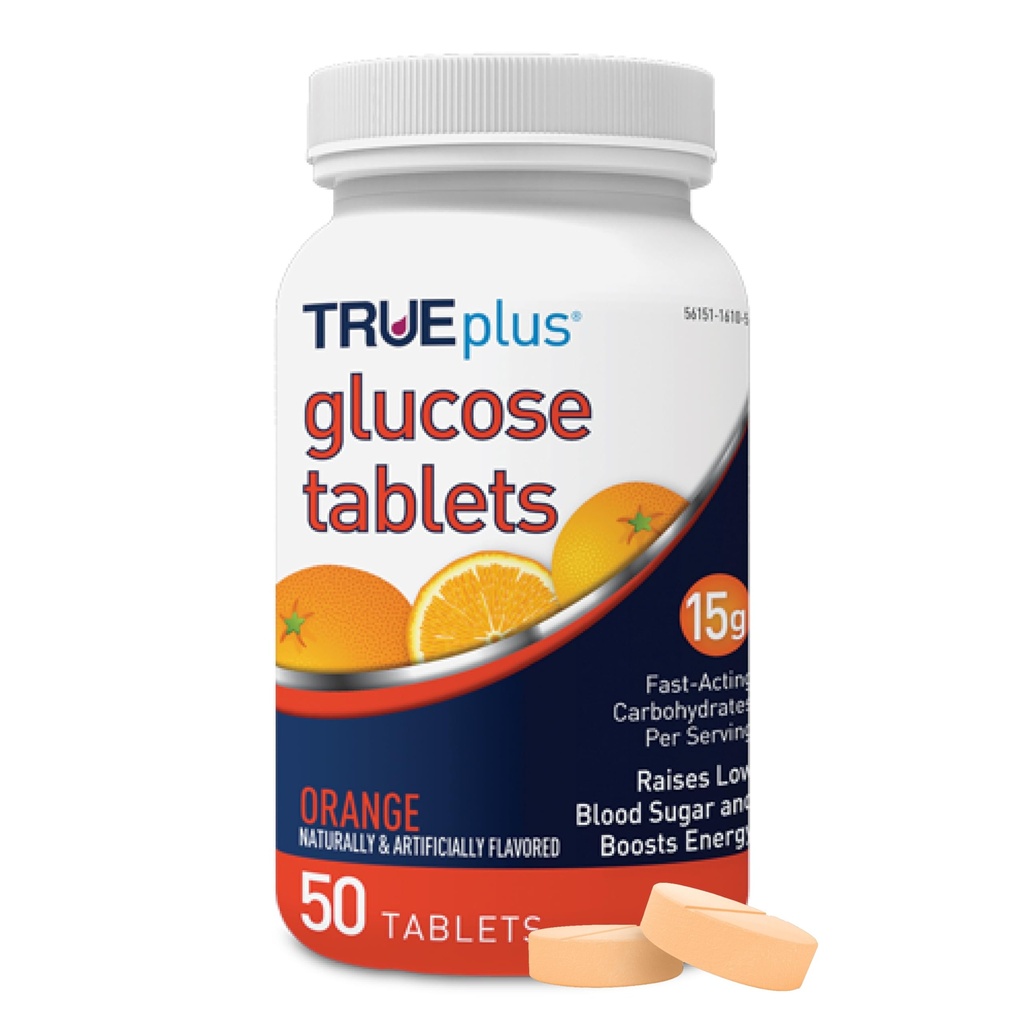 TRUEplus Glucose Tablets, Chewable, Orange Flavor, 15g Fast-Acting Carbohydrates, Fat Free, Gluten Free, Raise Low Blood Sugar and Boost Energy, 50 Count