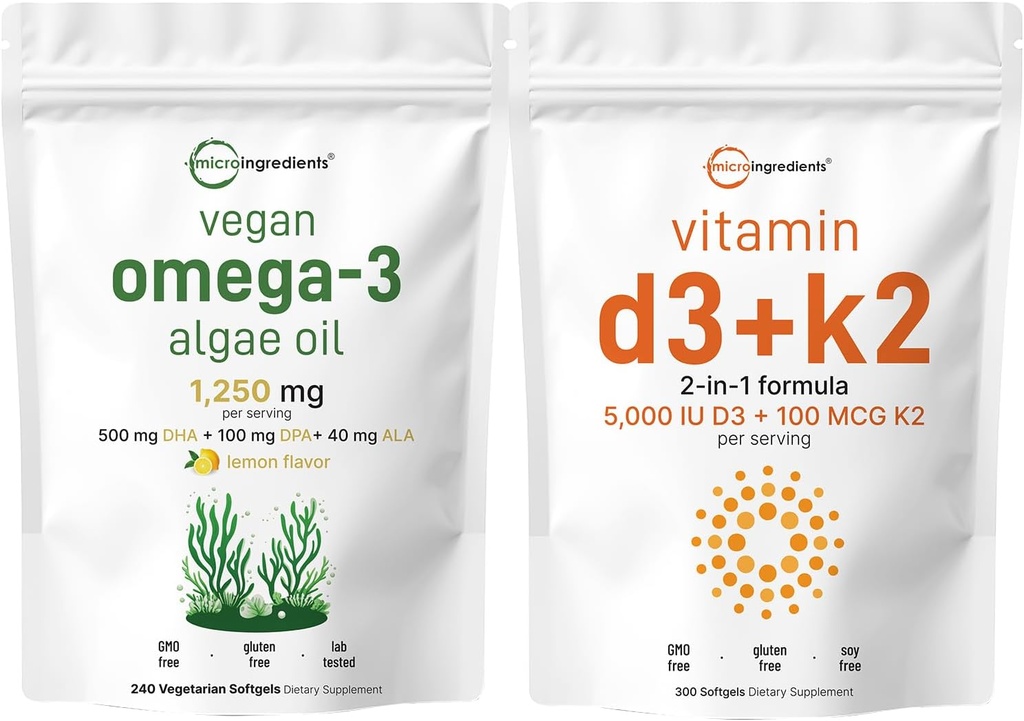 Micro Ingredientes Vitamina D3 5,000iu + K2 100mcg Softgels & Vegan Omega 3 Algae Oil Supplement Bundle 2 Pack ← Esencial Sunshine Vitaminas  Omega-3 Full Spectrum Alternative to Fish Oil