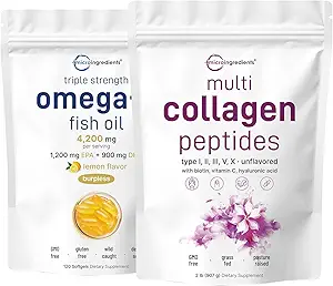 Micro Ingredientes Multi Collagen Protein Powder 2 libras " Omega-3 Fish Oil 4,200 mg Softgels Bundle 2 Pack ← Peptides Collagen Grass-Fed Collagen ← Pescado salvaje, Sabor de limón, Burpless