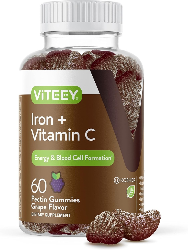Viteey Iron Gummies - Iron with Vitamin C - Energy, Bood Support and Anemia Supplement for Women & Men - Vegan, Gluten Free - 60 Count