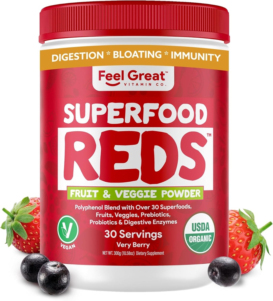 Feel Great Organic Superfood Reds Powder Embalado con Beet Root Powder ¦ Apoyo Digestivo Incluido el alivio de la rubor viviente Fruit y Veggie Polyphenols Suplemento.