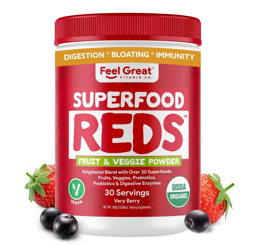 Feel Great Organic Superfood Reds Powder Embalado con Beet Root Powder ¦ Apoyo Digestivo Incluido el alivio de la rubor viviente Fruit y Veggie Polyphenols Suplemento.