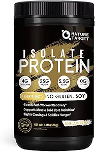 NATURE TARGET Whey Isolate Protein Powder, Desflavored, 25g Protein, Low Carb Protein Powder, Sugar-Free, for Men &amp; Women, 5.5g BCAAs, Rich in Fibers & Minerals, 1.1 Pound (500g)