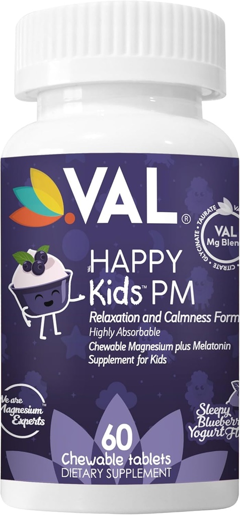 VAL Happy Kids PM TENIDO Apoyo al sueño para niños con magnesio, Melatonina, vitamina B6 &amp; C TENIDO ATENCIÓN AUTORIA Blueberry Yogurt Flavor ← Non-GMO, Gluten-Free TEN 60 Tablets ← Edades 4+