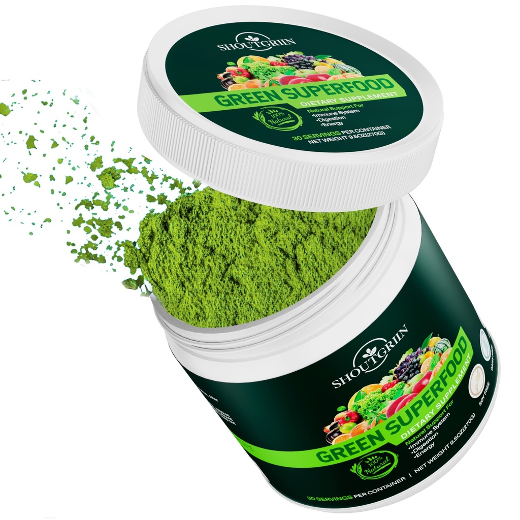 Green Superfood Powder – Organic Daily Greens Suplemento con Probióticos, Enzymes Digestivos, Antioxidantes – Vegan, Keto, Libre de Azúcar – Energía " Gut Health Boost – 30 Servings