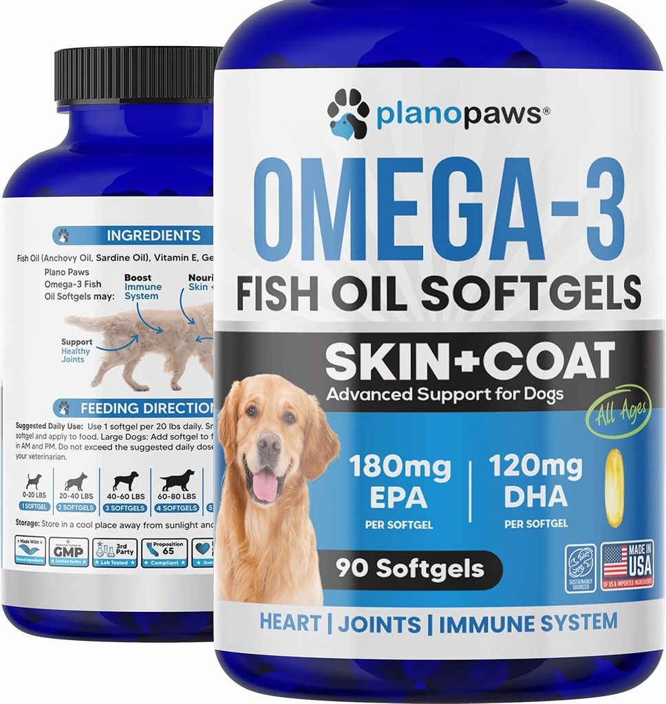 Omega 3 Aceite de pescado para perros - Aceite de salmón para perros - Suplemento de aceite de pescado de perro puede ayudar a la cama, alergia, alivio de Itch - Apoyos Esquí seco, articulaciones - Esquí de perros y suplemento de carne - 90 Píldoras de aceite de pescado EPA DHA