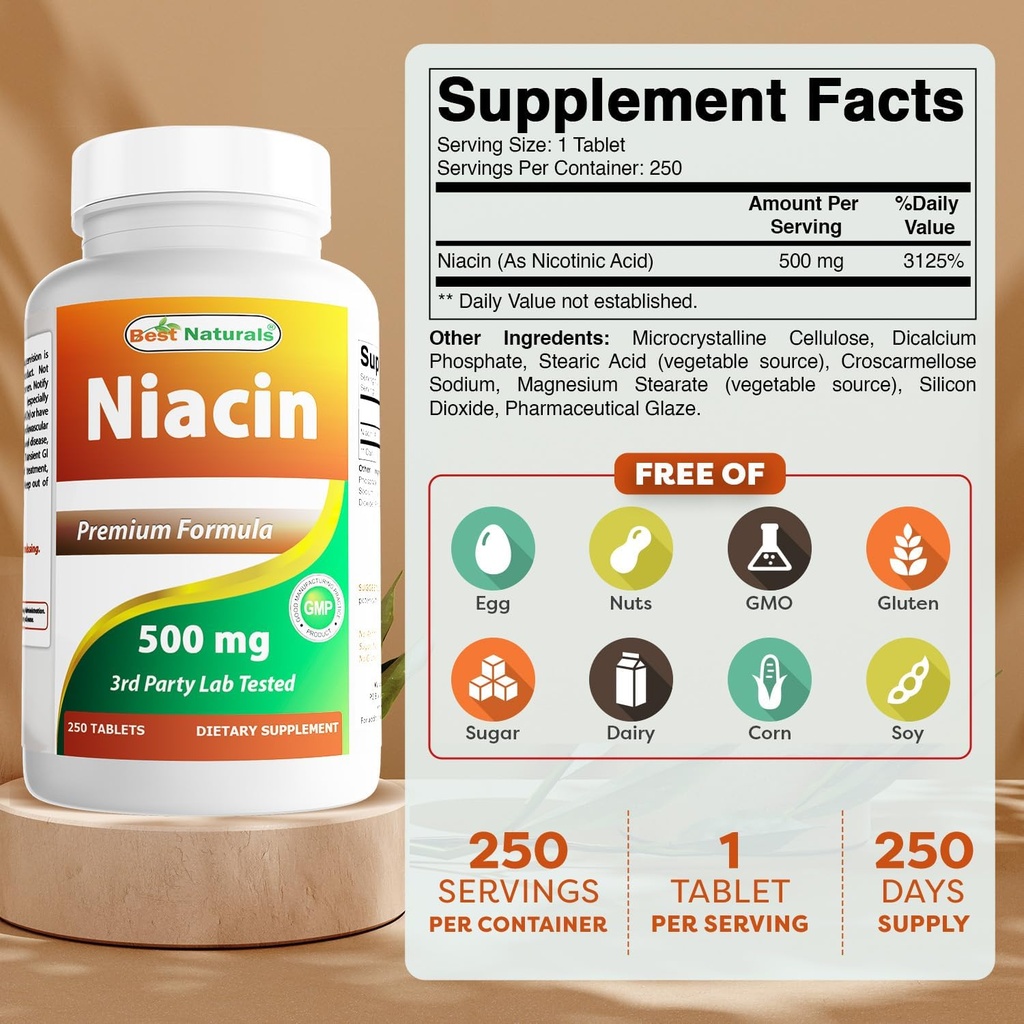 Mejores Naturales Niacina 500mg 250 Tabletas con Flushing - También llamada Vitamina B3 (250 Cuenta (Pack de 2))