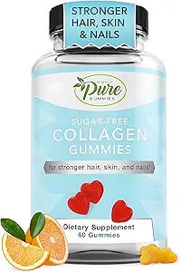 Pure By Nature Collagen Gummies for Women & Men, Sugar-Free Collagen Gummy for Natural Collagen Production, Hair, Skin & Nails Support, Pectin Supplements Chews (60 Count)