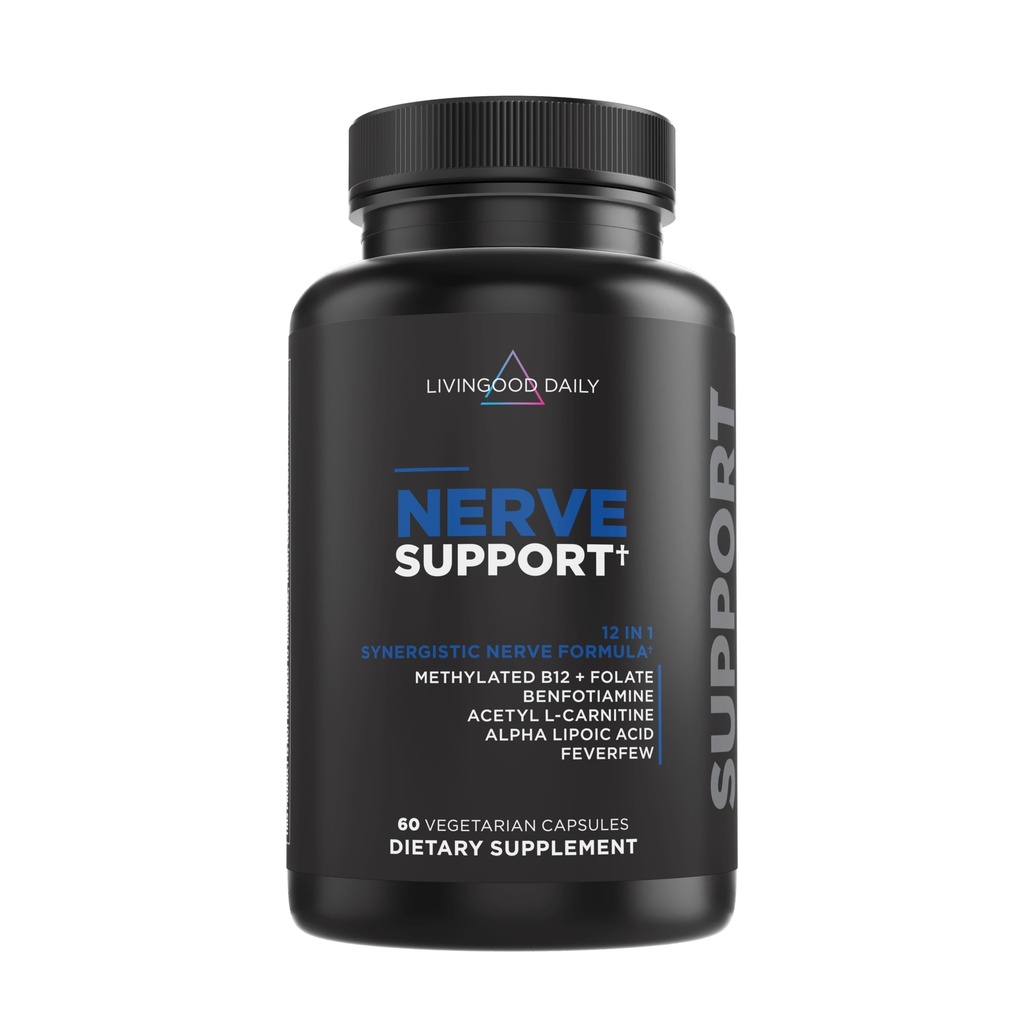 Livingood Daily Nerve Support Supplement for Women ' Men, 12-in-1 Nerve Health Formula with Methylated B12, Folate, Benfotiamine, Alpha Lipoic Acid & Feverfew, Gluten Free, Non-GMO, 60 cápsulas
