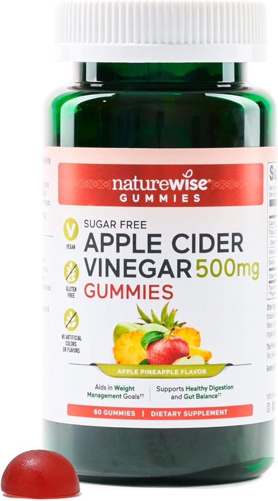 NatureWise Apple Cider Vinegar Keto Gummies - 1000mg ACV per 2, Sugar Free, Vegan - Energy & Gut Health - ACV Gummies W/Vitamin B12-60 Gummies[1-Month Supply for 1000mg / 2-Month Supply for 500mg]