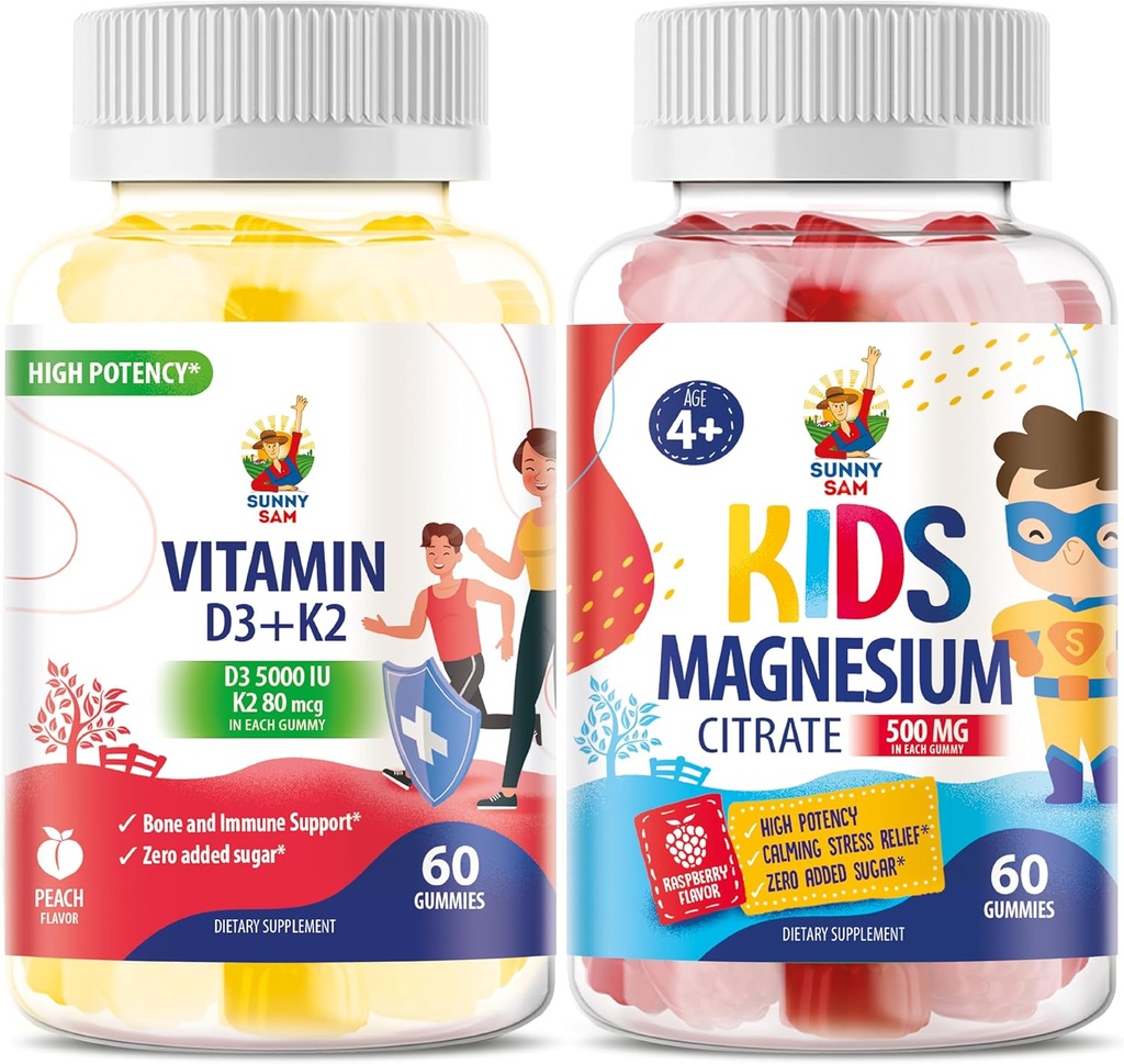 Magnesio Gummies para niños &amp; Vitamina D3 K2 Gummies 5000 UI - Immune & Bone Support - Suplemento Gummy de vitamina D libre de azúcar - Alta absorción, Vegan, Gummies libres de gluten para adultos