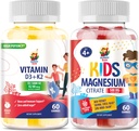 Magnesio Gummies para niños &amp; Vitamina D3 K2 Gummies 5000 UI - Immune & Bone Support - Suplemento Gummy de vitamina D libre de azúcar - Alta absorción, Vegan, Gummies libres de gluten para adultos