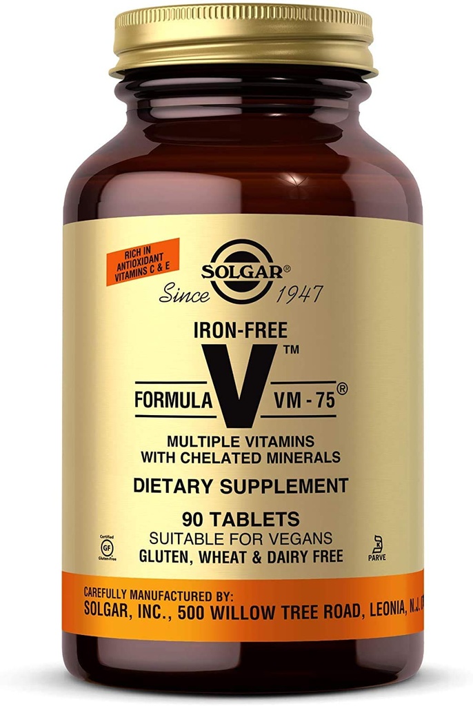 Solgar Fórmula libre de hierro VM-75, 90 Tabletas - Multivitamina con Minerales Chelated - Vitamina A, B6, B12, C, D, E - Biotina, Magnesio, Calcio, Zinc - Vegan, Gluten &amp; Dairy Free, Kosher - 90 Servings