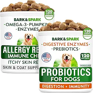 Alivio de Alergia Treats perros + Probióticos de perros Buzón - Omega 3 + Pumpkin + Enzimas para Itchy Skin Relief + Enzymes Digestivos + Prebióticos para Gas, Diarrea, Estreñimiento, Alivio de estómago