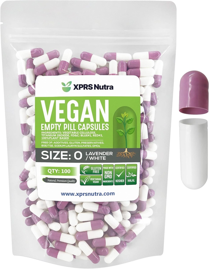 XPRS Nutra Tamaño 0 Empty Capsules - 100 Conde Empty Vegan Capsules - Vegetarian Pills DIY Vegetable Capsule Filling - Veggie Pill Caps for Do-It-youself Suplementos (Lavender/White)