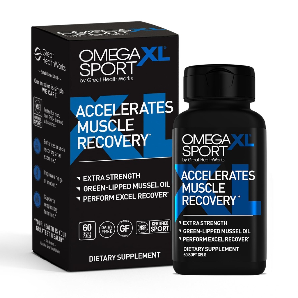 OmegaXL Sport Extra Strength Muscle Recovery Suplemento y Respiratory Support Suplemento - Mejora los DOMS y ROM, Aceite de mejillón con apoyo clínico (60 Softgels)