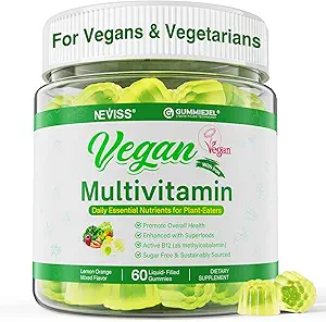 NEVISS Vegan Multivitamin for Women &amp; Men w/Methyl B12, D3 K2, Plant Based Omega 3 (DHA+EPA), Iron, Choline, Zinc, Whole Food Daily Vitamins Gummies for Vegans &amp; Vegetarians, Sugar Free, 60Cts