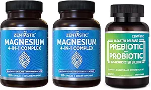 Zentastic 2 Pack 4-in-1 Magnesium Complex - Magnesium Glycinate Chelated, Malate, Taurate & Lactate & 1 Pack Probióticos & Suplementos Prebióticos