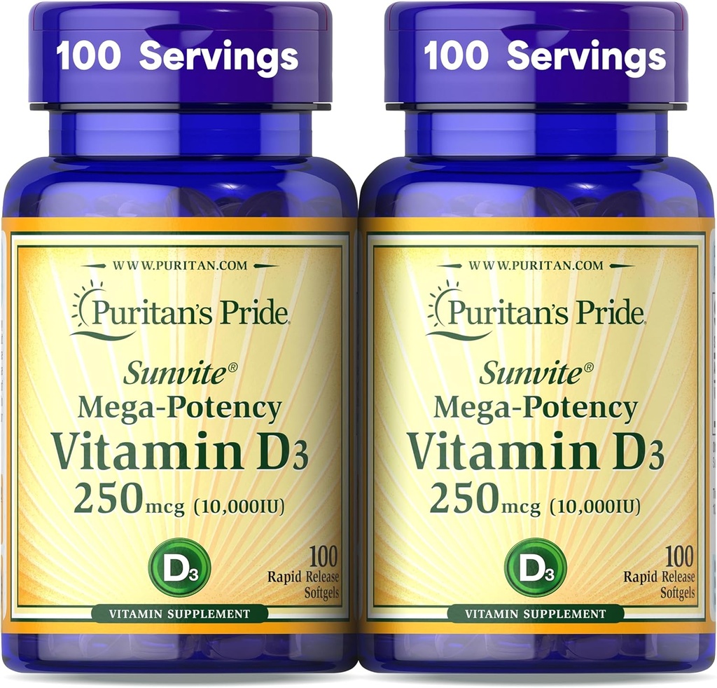 Pride de Puritan Premium SunviteTM Mega-Potency Vitamin D3 10,000 UI, Suplemento dietético para huesos saludables, dientes y soporte del sistema inmunitario, 100 Rapid Release Softgels