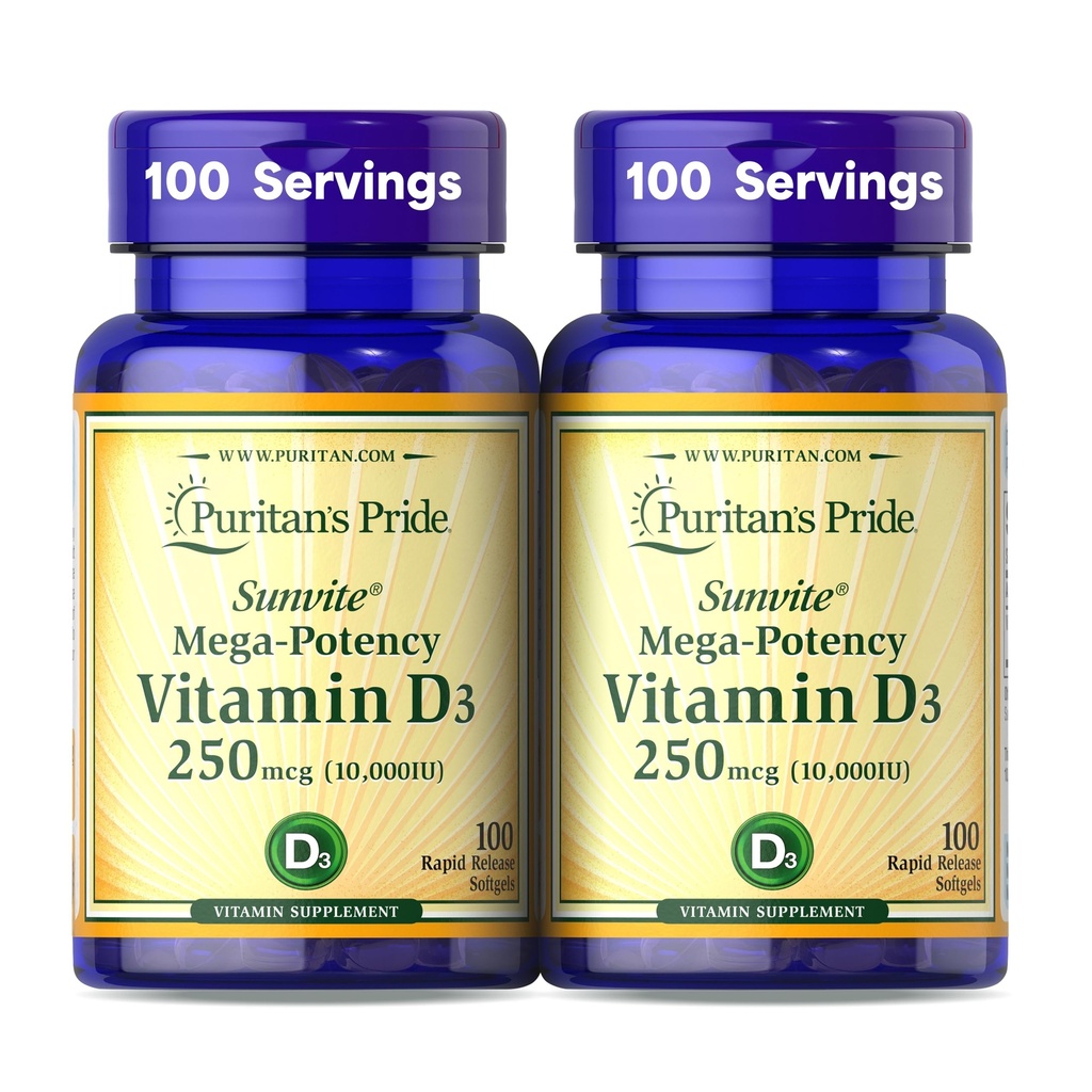 Pride de Puritan Premium SunviteTM Mega-Potency Vitamin D3 10,000 UI, Suplemento dietético para huesos saludables, dientes y soporte del sistema inmunitario, 100 Rapid Release Softgels