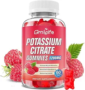 Potassium Citrate Gummies, Suplemento de Potasio Alto Gummies 1200mg Apoyo Leg Cramps &amp; Muscle Health, Potassium Gummies for Adults &amp; Kids, Vegan, Raspberry Flavor 60 Conde