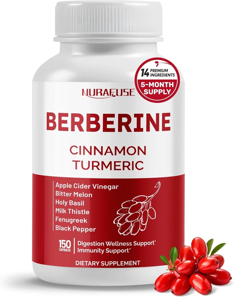 Berberine 14-in-1 Suplemento con Ceylon Cinnamon Apple Sider Vinegar Turmeric Bitter Melon Holy Basil Milk Thistle Fenugreek Gymnema Banaba - Made in The USA