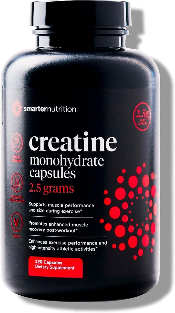 SMARTERNUTRITION Cretine Monohydrate Pills with 2500mg (2.5g) Por Serving, Vegan Capsules - Pre &amp; Post Workout Recovery Support, Promotes Muscle Mass &amp; Endurance - 120 Count[60-Day Supply]