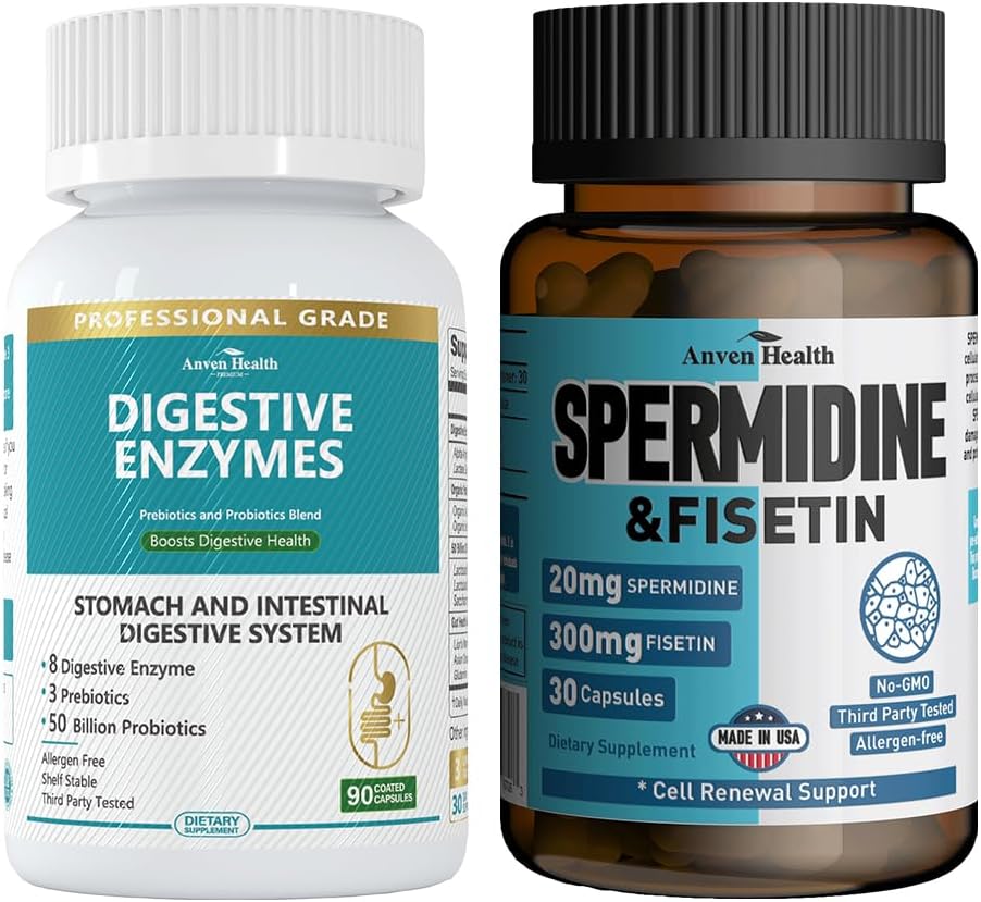 800mg Enzymes Digestivos para Hombres y Mujeres + Spermidine & Fisetin Suplemento - 20 mg de 98% Spermidine 3HCL