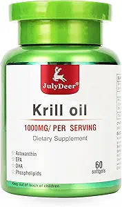 Aceite de Krill Antártico 1000 mg con Omega-3s EPA, DHA, Astaxanthin y fosfolípidos 60 Suplemento de Softgels No Pastele de pescado para unión, corazón, cerebro e inmunidad