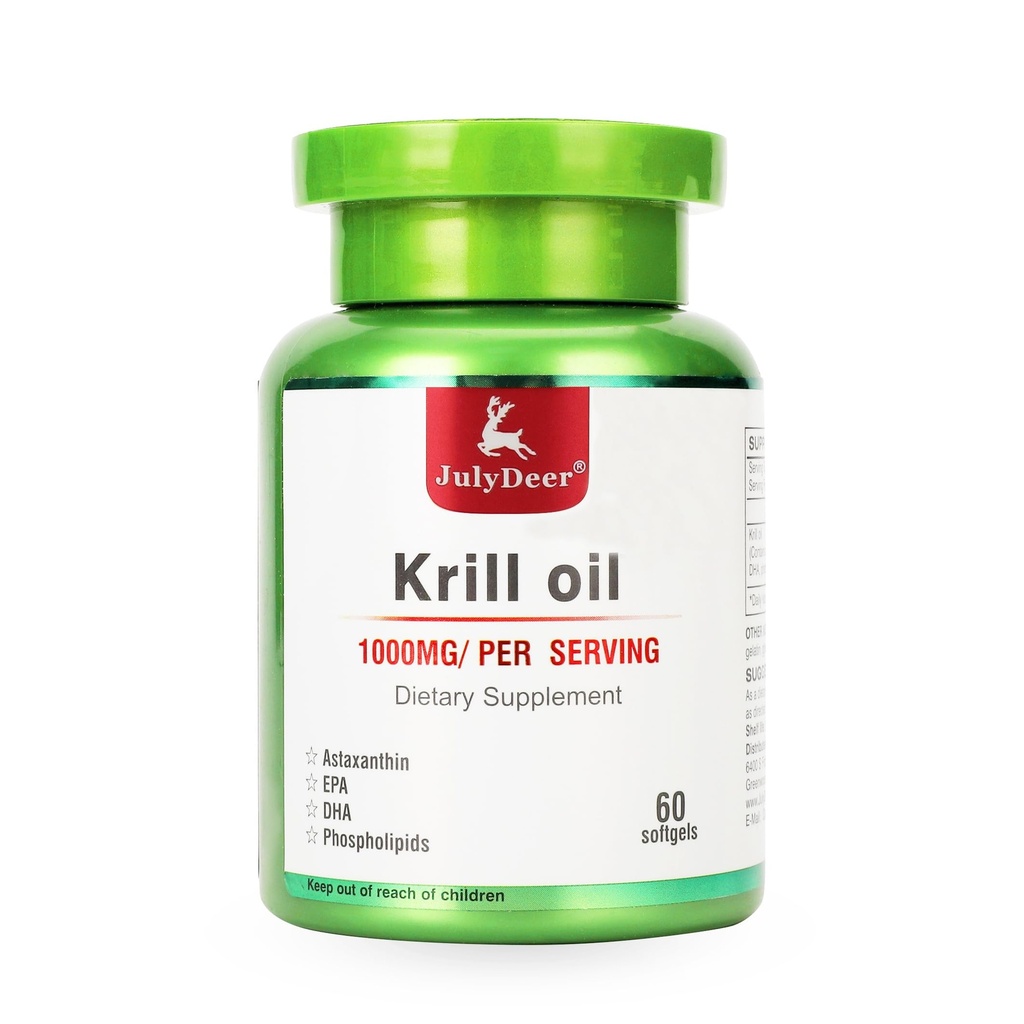 Aceite de Krill Antártico 1000 mg con Omega-3s EPA, DHA, Astaxanthin y fosfolípidos 60 Suplemento de Softgels No Pastele de pescado para unión, corazón, cerebro e inmunidad