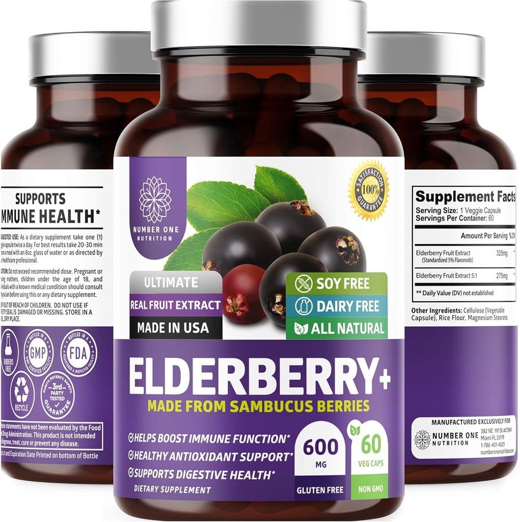Cápsulas Premium de Elderberry N1N para Adultos [Max Strength] Elderberry Pura y Potente de Sambucus Nigra para apoyar la salud de la inmunidad, no GMO, Gluten Free, 60 Cápsulas de Veg