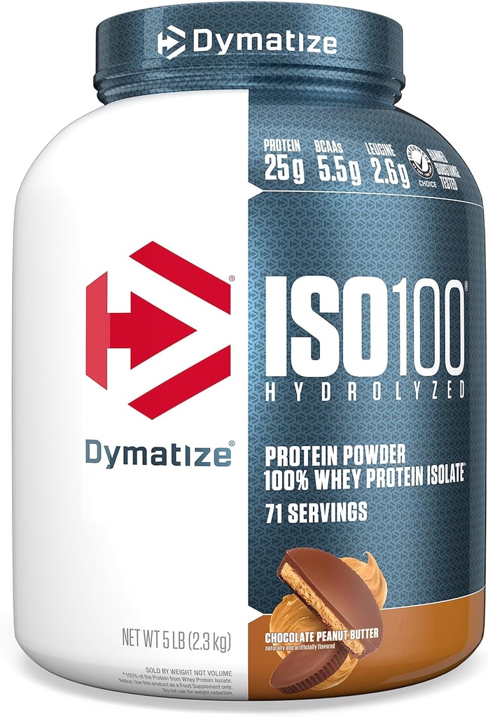 Dymatize ISO100 Whey Protein Powder Isolate, Chocolate Peanut Butter, 25g de Protein, 5 libras, 5.5g BCAAs, Menos Than 120 Cal., Gluten Free, 1g Fat, 1g Sugar, 2g Carb (71 Servings)