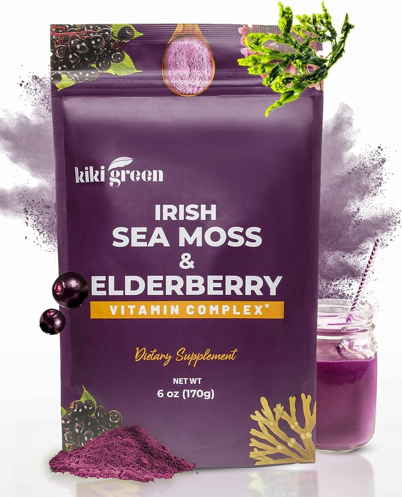 KIKI Green Sea Moss Powder con Elderberry - Vegan Superfood Multivitamin Blend - para Immune Boost y Soporte - Añadir a Smoothies, Juice, 6 oz